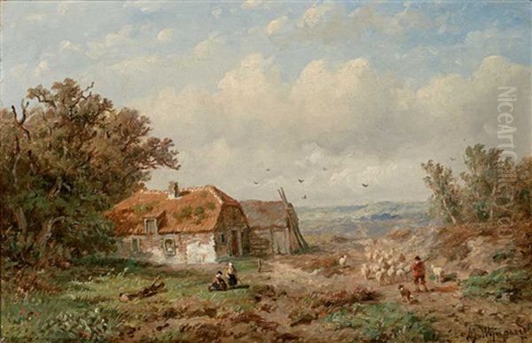 Sommerliche Landschaft Mit Malerischem Gehoft Und Schafherde Oil Painting by Anthonie Jacobus van Wijngaerdt