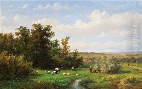 Hollandische Landschaft Im Sommer Mit Kuhen Und Schafen An Einem Kleinen Bachlauf Oil Painting by Anthonie Jacobus van Wijngaerdt