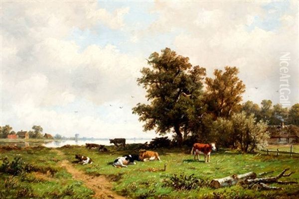 Koeien In Zomerse Weide Aan Een Plas Oil Painting by Anthonie Jacobus van Wijngaerdt