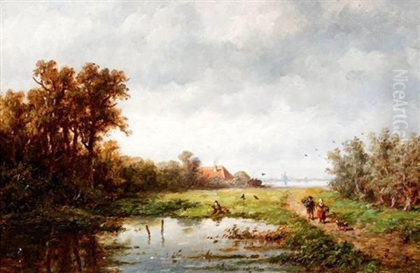 Wandelaars En Visser In Polderlandschap Oil Painting by Anthonie Jacobus van Wijngaerdt