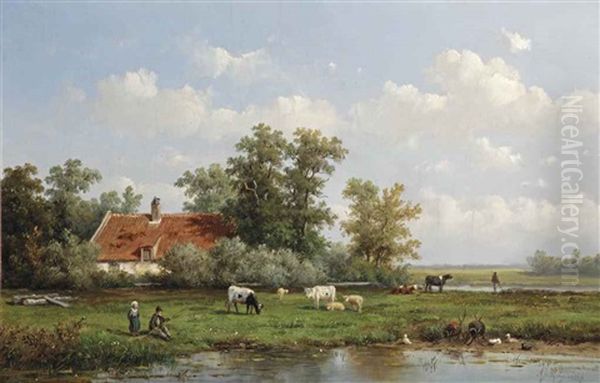 A Polder Landscape With Figures And Cattle By A Farmhouse Oil Painting by Anthonie Jacobus van Wijngaerdt