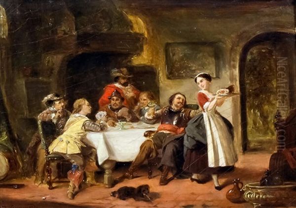 Male Revellers In An Inn Interior In 17th Century Dress Drinking, Smoking, Playing Cards And Eating, Served By A Maid Oil Painting by Petrus Van Wijngaerdt