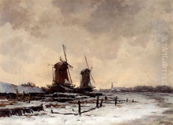 Molens In Sneeuwlandschap Oil Painting by Jan Hillebrand Wijsmuller