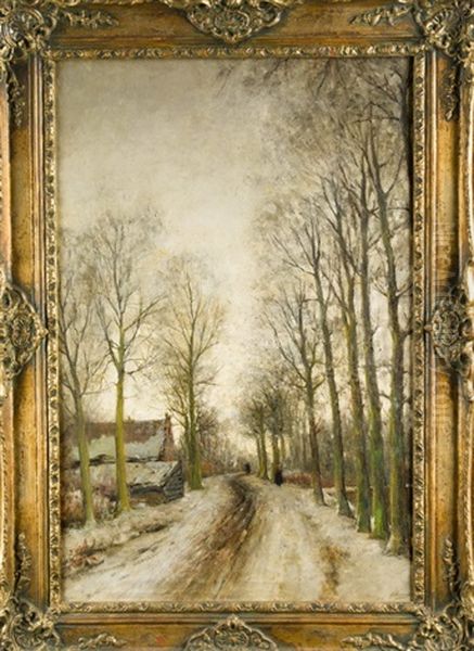 Landliche Winteridylle Mit Bauernhaus Am Baumbestandenen Weg Mit Figurenstaffage Oil Painting by Jan Hillebrand Wijsmuller