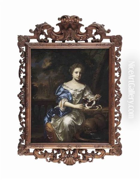 Portrait Of A Lady, Said To Be Maria Simonides Van Nijs (1677(?)- 1700), In A White Satin Dress With A Blue Shawl And Pearl Jewellery, Seated With A Dog... by Mattheus Wijtmans