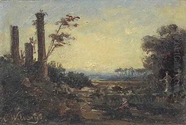 Italienische Landschaft Mit Antiken Saulen, Rechts Der Tempelruine Figurliche Staffage Oil Painting by Christian Wilberg