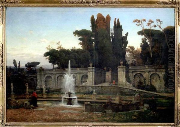 Monumentale Brunnenanlage Im Park Einer Italienischen Villa, Deren Sonnenbeschienene Bekronung Durch Die Baume Sichtbar Ist Oil Painting by Christian Wilberg