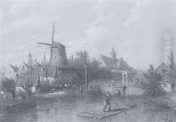 A Canal In A Town Oil Painting by Adrianus (Petrus Hendricus) Wilbers