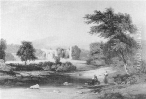 Figures By A Stream, A Ruined Abbey Beyond;                 A Rocky River Landscape Wit Ha Distant Village Oil Painting by George Burrell Wilcock