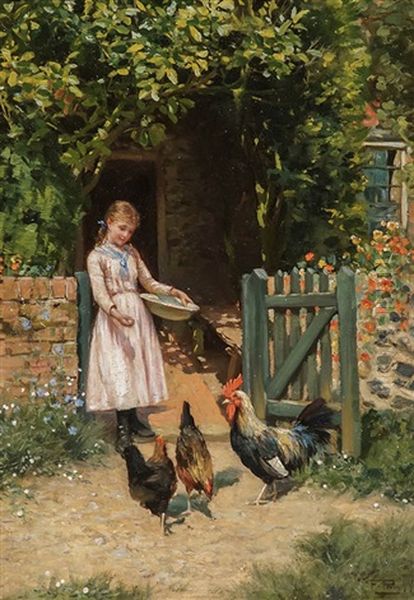 Feeding The Chickens Oil Painting by Frank Percy Wild