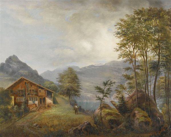 Sommerliche Uferpartie Im Gebirge Oil Painting by Johann Salomon Wild