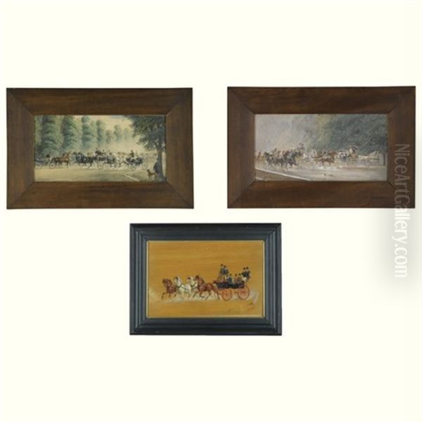 Carriage Scene (+ 2 Others, Watercolor And Gouache On Board, Lrgr; 3 Works) Oil Painting by Heinrich Gottfried Wilda