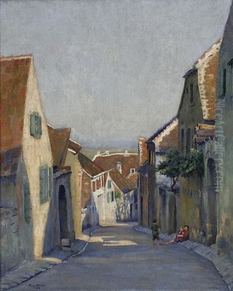 Kinder Im Schatten Auf Leicht Absteigender Pfalzer Dorfgasse Oil Painting by August Wilde