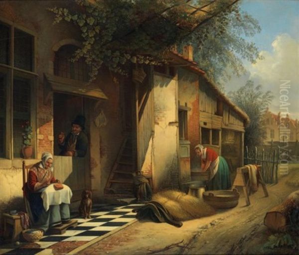 Scene De La Vie Familiale Sur Le Pas De La Porte Dans Une Petite Ville Du Nord Oil Painting by August De Wilde