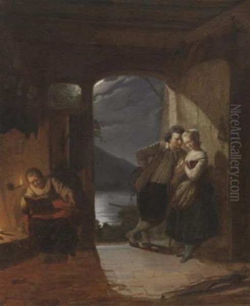 Die Aufwartung. Junges Paar Beim Liebesgefluster Unter Aufsicht Eines Alten Mutterchens Oil Painting by August De Wilde