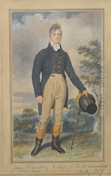 John Beaufort, Wearing Double-breasted Blue Coat With Brass Buttons, Tied White Stock, Buff Trousers With Buttons Below The Knee And Two Seals At The Waist by Samuel de Wilde