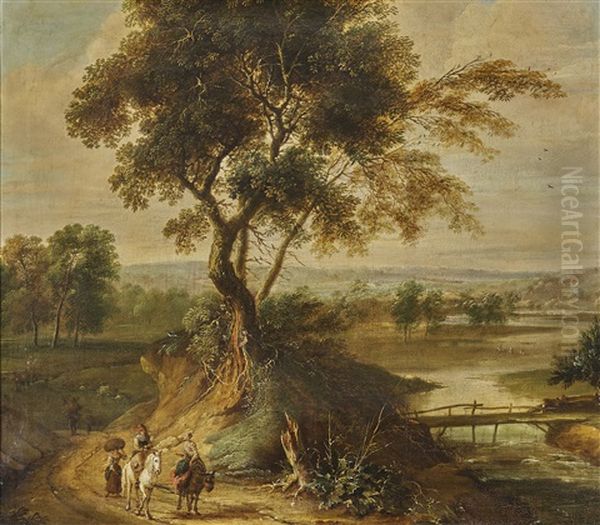 River Landscape With Travellers On The Country Road Oil Painting by Jan Wildens