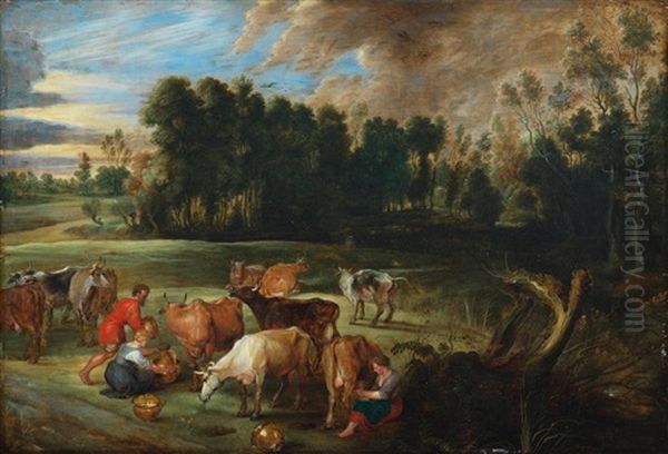 Milkmaids And A Drover With Cattle In A Landscape Oil Painting by Jan Wildens