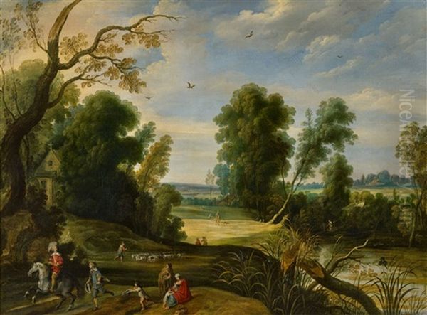 Panoramic Landscape With Shepherds And A Rider Oil Painting by Jan Wildens