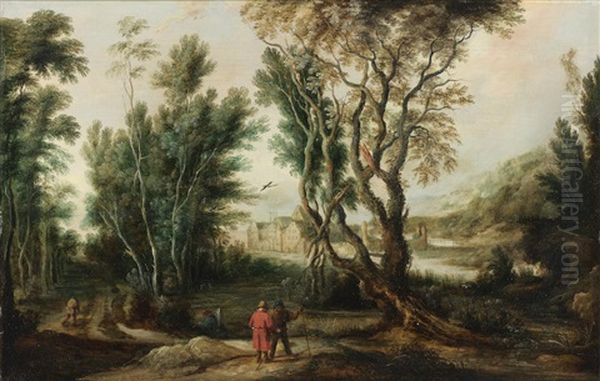 Bandits In A Wooded Landscape; And Figures In A Wooded Landscape, A Village Beyond (2) Oil Painting by Jan Wildens