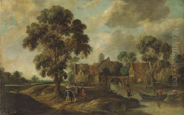 A Wooded River Landscape With Figures Strolling On A Path By A Village And Others Conversing By The Water Oil Painting by Jan Wildens