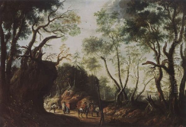 A Wooded Landscape With Horsemen And Travellers On A Path Oil Painting by Jeremias Wildens