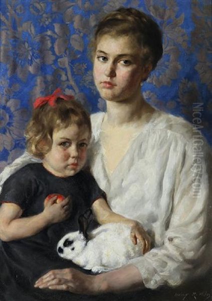 Portrait Of Mother And Child With Rabbit Oil Painting by Irving Ramsey Wiles