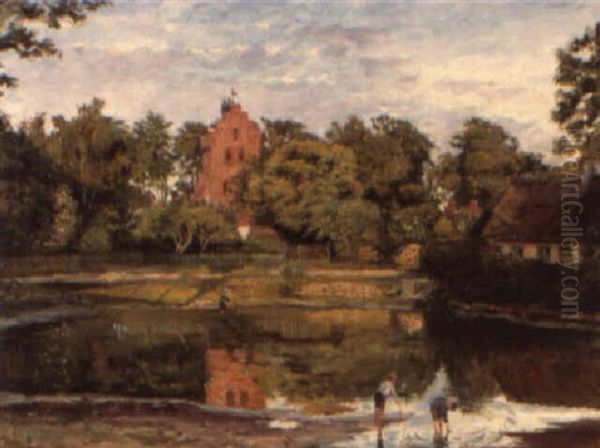 Young Boys Fishing At The Village Pond Oil Painting by Peter H. Wilhardt