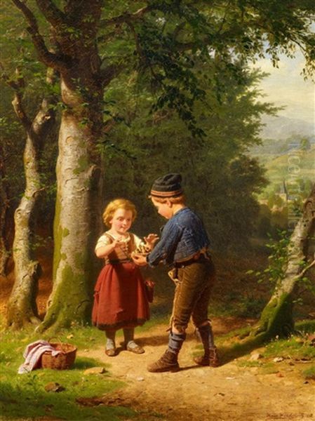 Zwei Kinder Mit Einem Vogelnest Oil Painting by Heinrich Wilhelmi