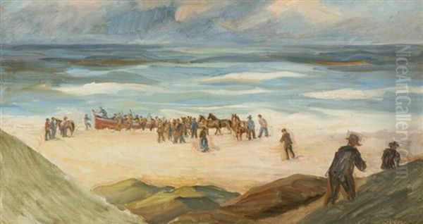 Beach Scenery With The Lifeboat Going Out Oil Painting by Johannes Martin Fastings Wilhjelm