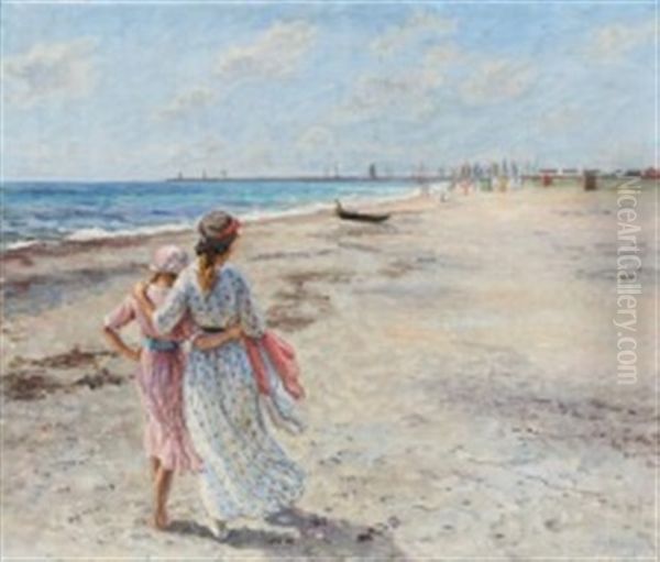 Two Girls Strolling Along The Beach Arm In Arm Oil Painting by Johannes Martin Fastings Wilhjelm