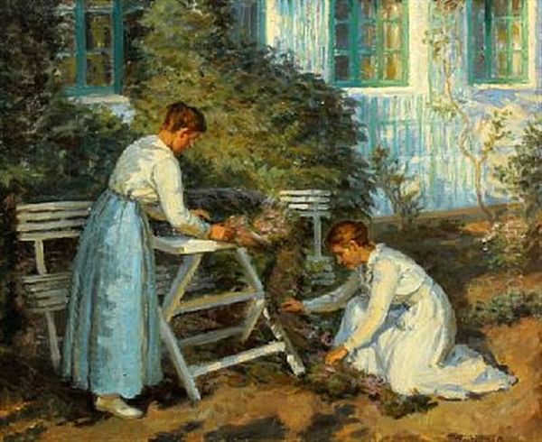 Two Women In The Garden Oil Painting by Johannes Martin Fastings Wilhjelm