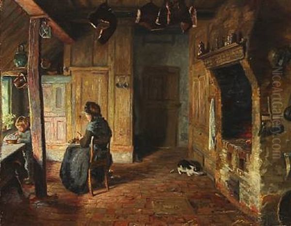 Country Interior Oil Painting by Johannes Martin Fastings Wilhjelm