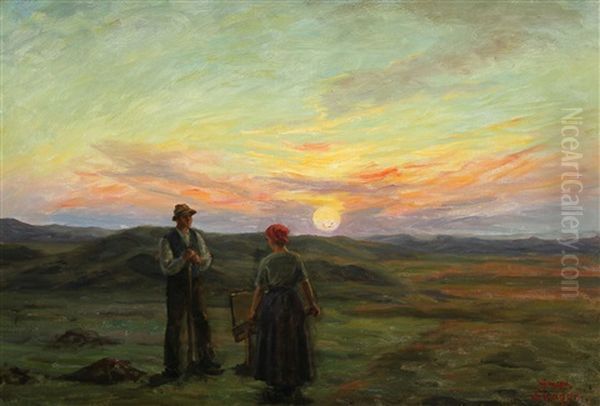 Couple In Conversation While The Sun Is Setting Oil Painting by Johannes Martin Fastings Wilhjelm