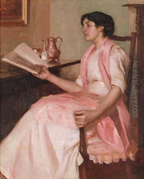 Portrait Of A Lady In A Pink Dress Reading Oil Painting by Leslie Andrew Wilkie