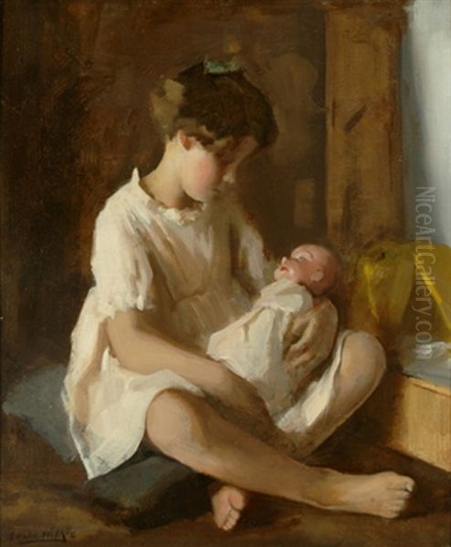 Young Girl With Doll Oil Painting by Leslie Andrew Wilkie