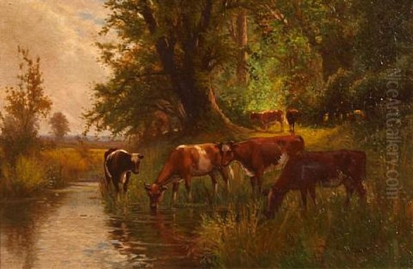 A Pastoral Landscape With Cattle Grazing And Watering In A Pond (+ Landscape; Pair) Oil Painting by Arthur Stanley Wilkinson