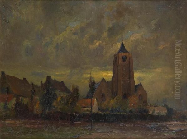 Coucher De Soleil Surl'eglise Oil Painting by Herman Broeckaert