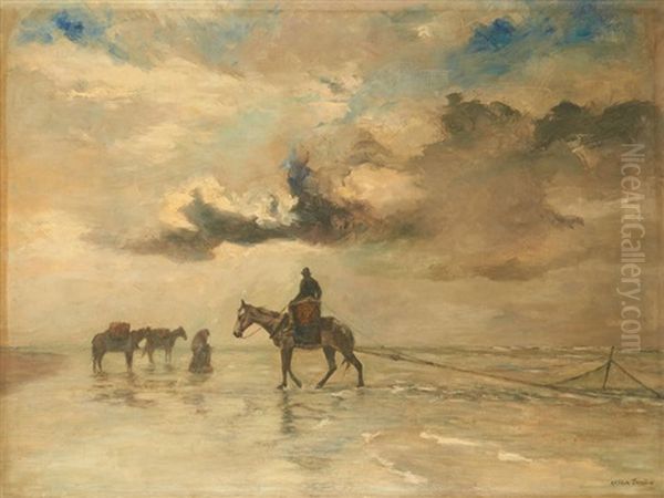 Pecheurs De Crevettes A Oostduinkerke Oil Painting by Arthur (Traelliw) Willaert