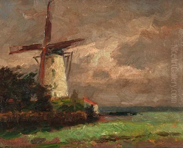 Landschaft Mit Windmuhle Oil Painting by Herman Broeckaert