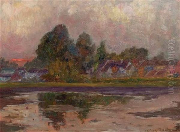 Sunset Over A Pond Oil Painting by Arthur (Traelliw) Willaert