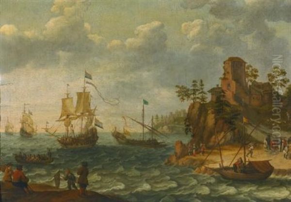 Ships Moored Off A Rocky Coastline With Fishermen Unloading Their Catch Oil Painting by Abraham Willaerts