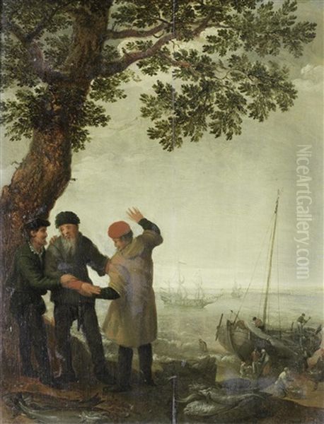 Three Fishermen Standing On The Seashore Under A Tree, With Boats In The Distance Oil Painting by Abraham Willaerts