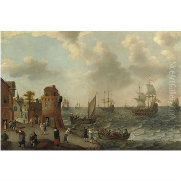 A Coastal Landscape With Numerous Figures On The Shore, A Dutch Fleet Setting Sail, And A Rowing Boat Approaching The Shore Oil Painting by Abraham Willaerts