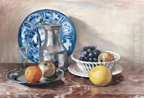 Stilleven Met Fruit, Tinnen Klepkan Enblauw-wit Bord Oil Painting by Andre Broedelet