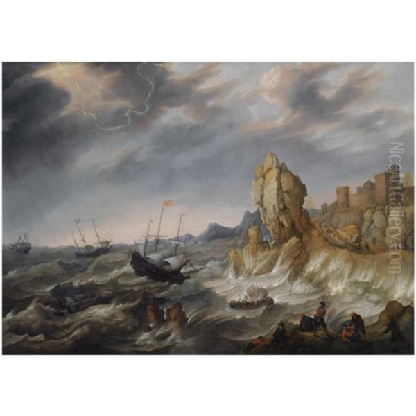 Shipping In A Heavy Storm Along A Rocky Coast, With Shipwrecked Figures Climbing On Shore In The Foreground, A View Of A Town Beyond Oil Painting by Abraham Willaerts