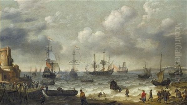 A Coastal Scene With Numerous Figures On The Shore, A Dutch Man-o'war Firing Its Cannon Beyond Oil Painting by Abraham Willaerts