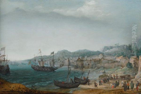 A Fortified Coastal Town With Fishermen Unloading Their Catch And Larger Vessels Offshore Oil Painting by Adam Willaerts