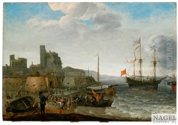 Kustenpartie Mit Segelschiffen Vor Einer Befestigten Stadt Oil Painting by Adam Willaerts