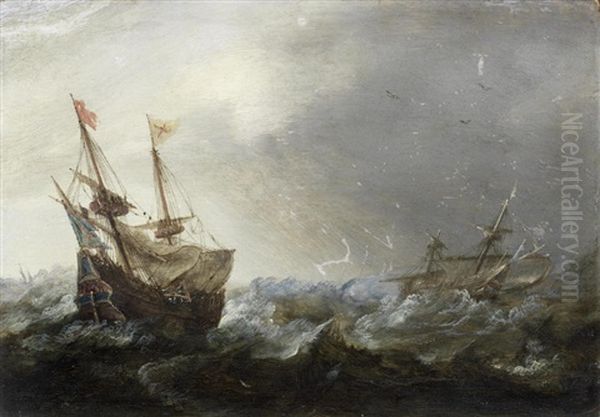 Shipping In A Rough Sea; A Whaling Scene (2) Oil Painting by Adam Willaerts